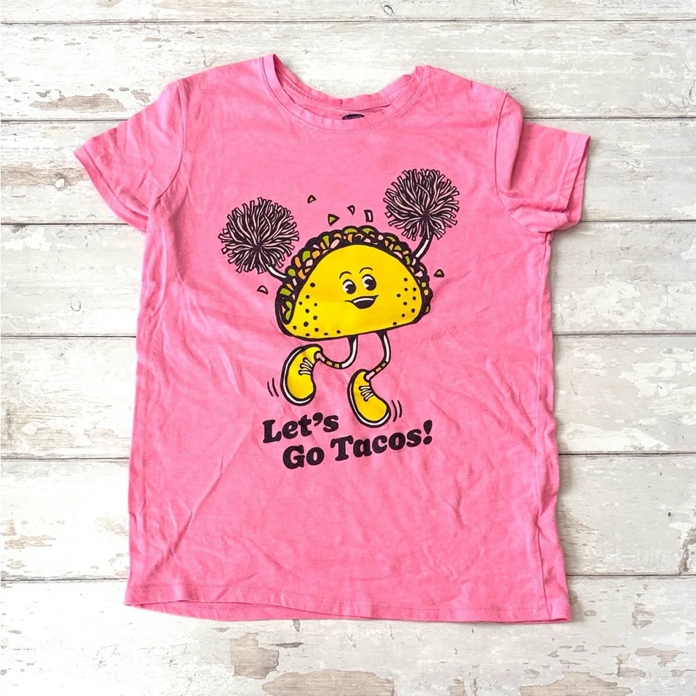 Old Navy 14/16 Girls Hot Pink Lets Go Tacos Shirt Short Sleeves Kids Size 14 16